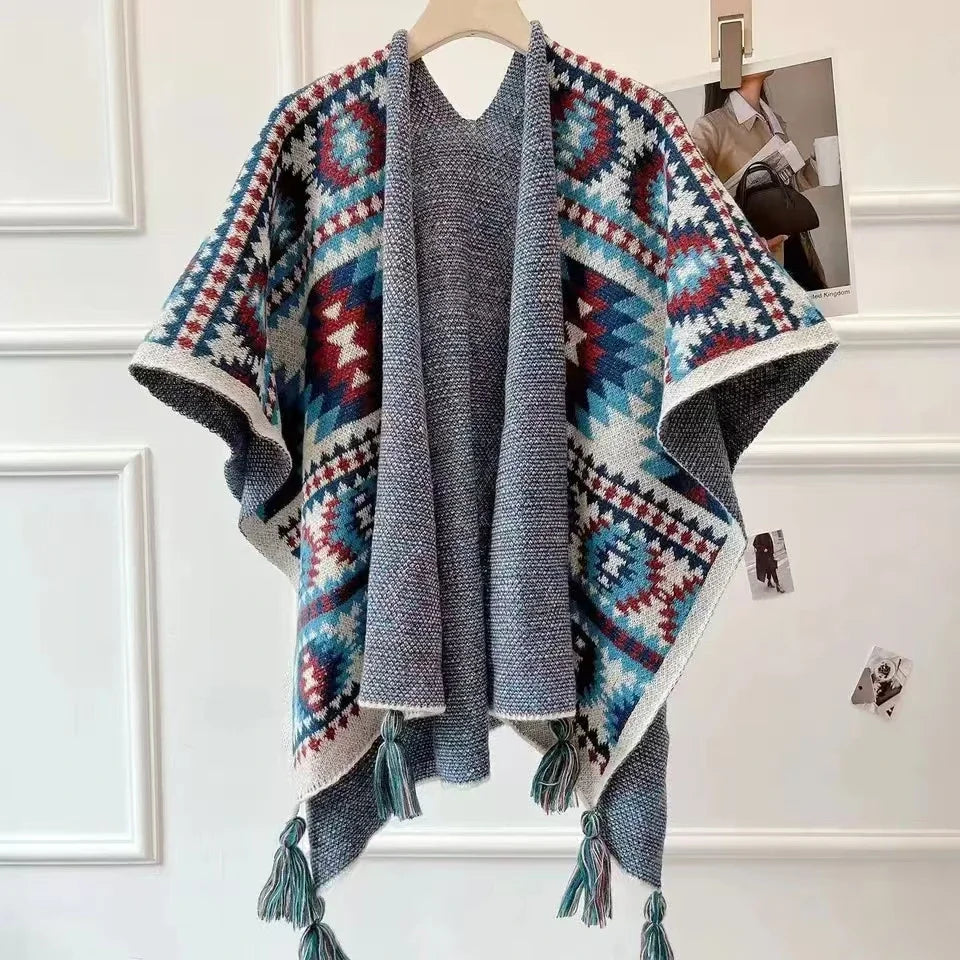 Bohemian Ethnic Poncho Cape - Knitted Shawl