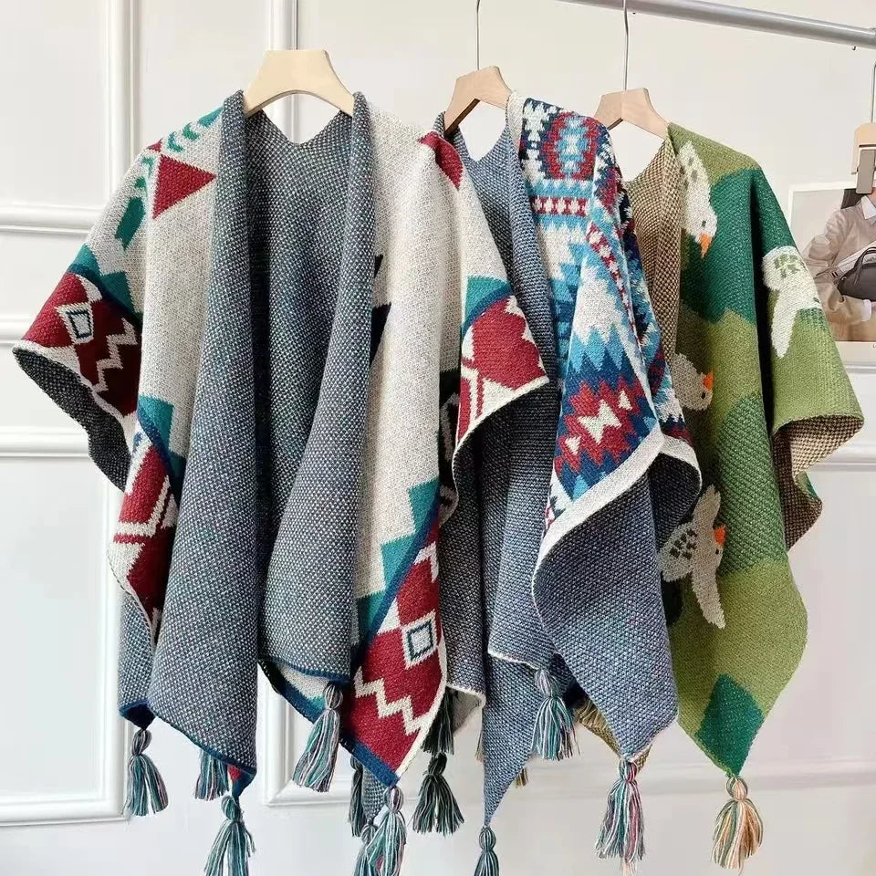 Bohemian Ethnic Poncho Cape - Knitted Shawl