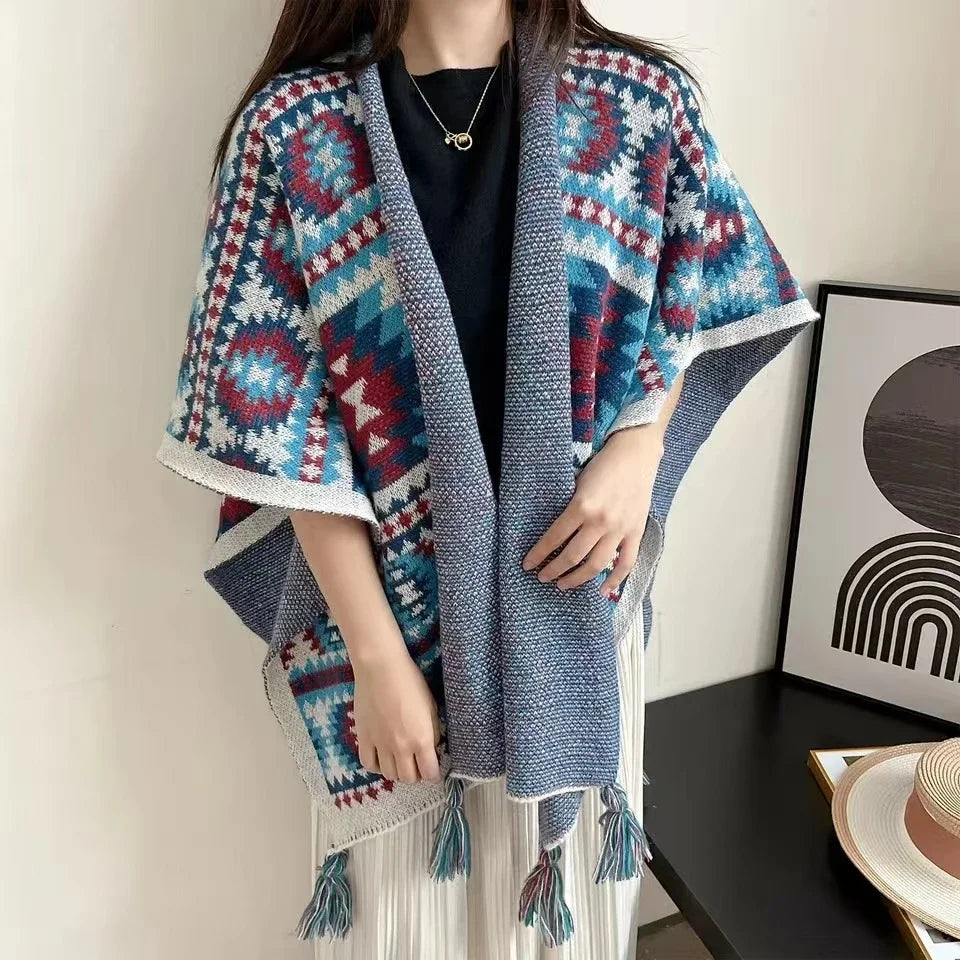 Bohemian Ethnic Poncho Cape - Knitted Shawl