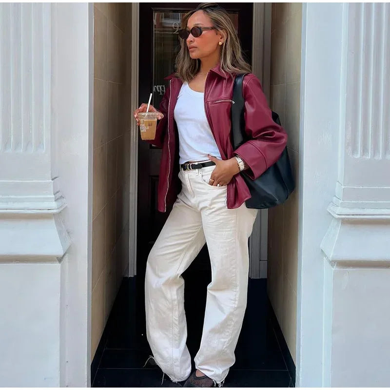 Women's Faux Leather Jacket - Burgundy Moto Coat