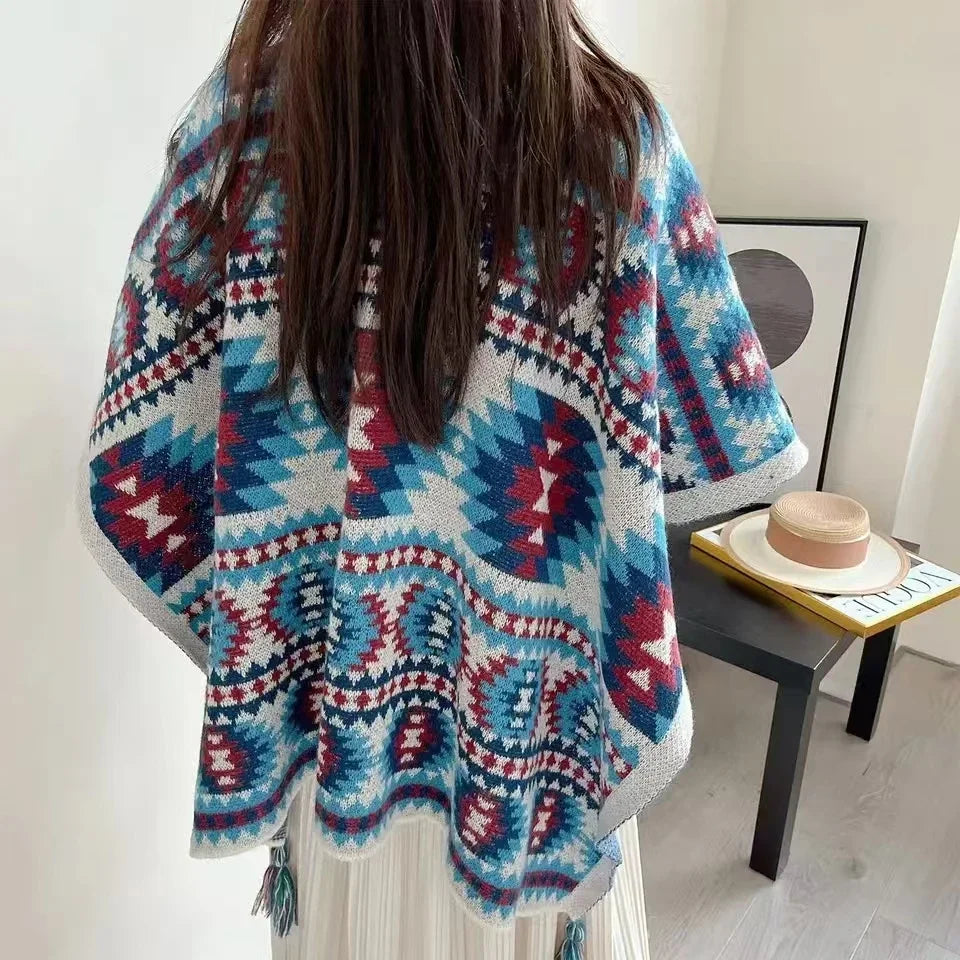 Bohemian Ethnic Poncho Cape - Knitted Shawl