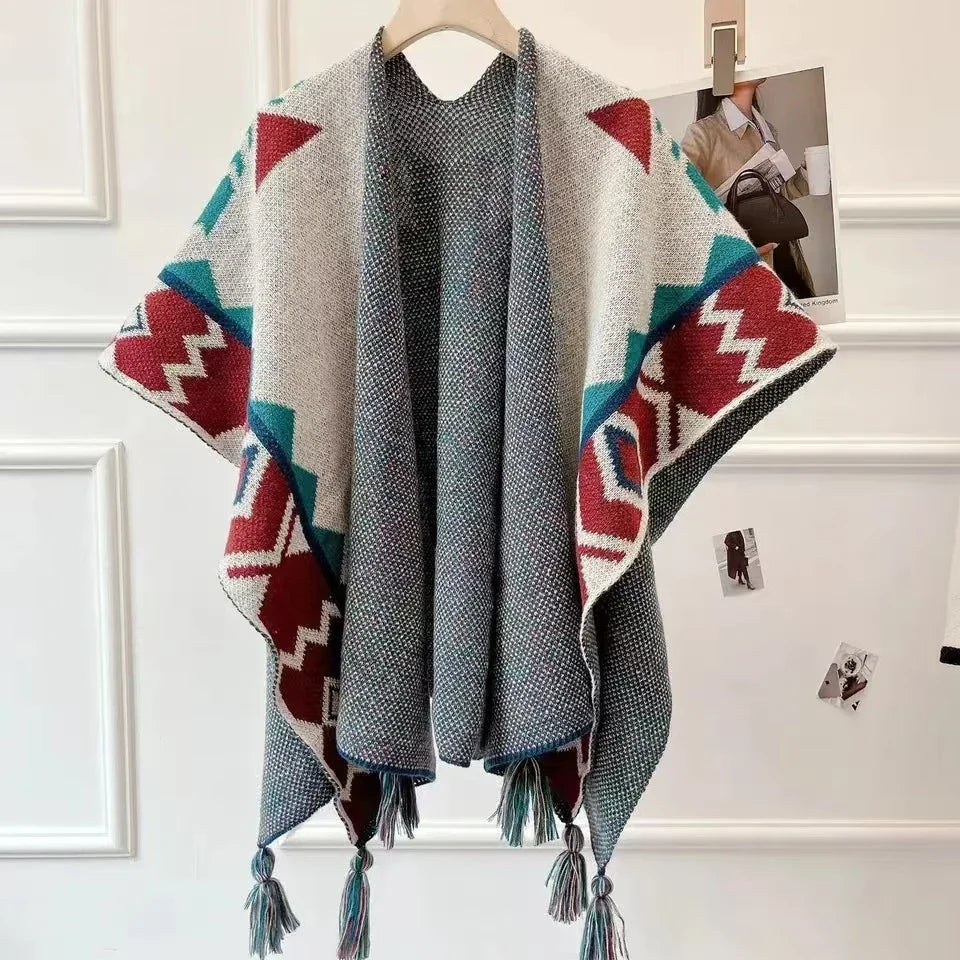 Bohemian Ethnic Poncho Cape - Knitted Shawl