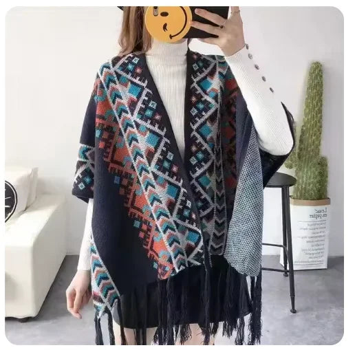 Bohemian Ethnic Poncho Cape - Knitted Shawl